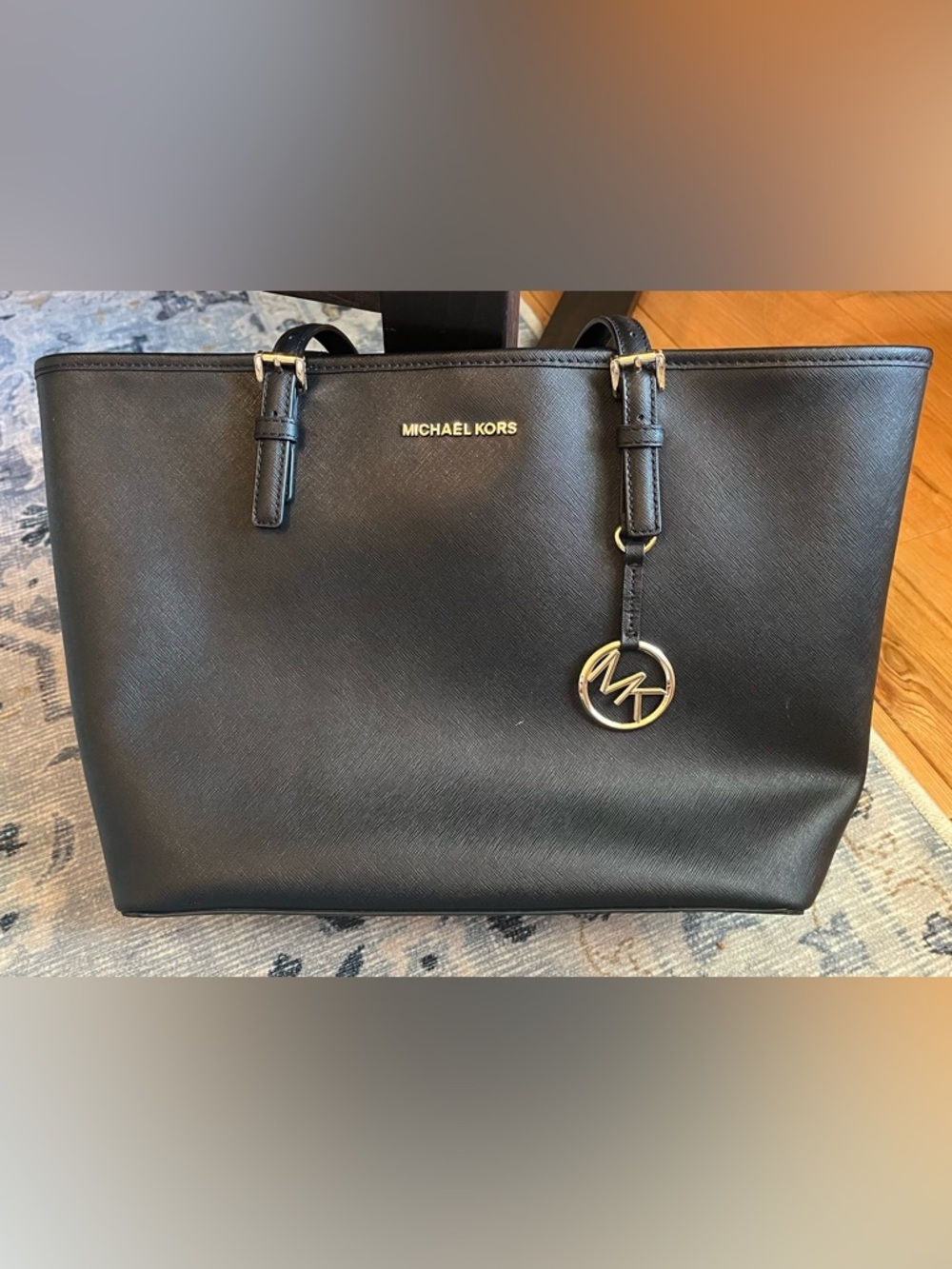 Michael Kors Black Quinn Leather Tote with Gold MK Charm